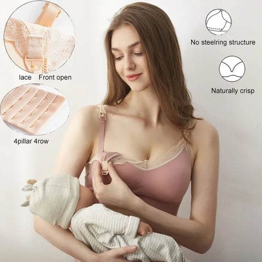 Wireless Front Open Nursing Bra Soft Lace Breathable Seamless Maternity Breastfeeding Bras Maternal Support For Pregnant Women